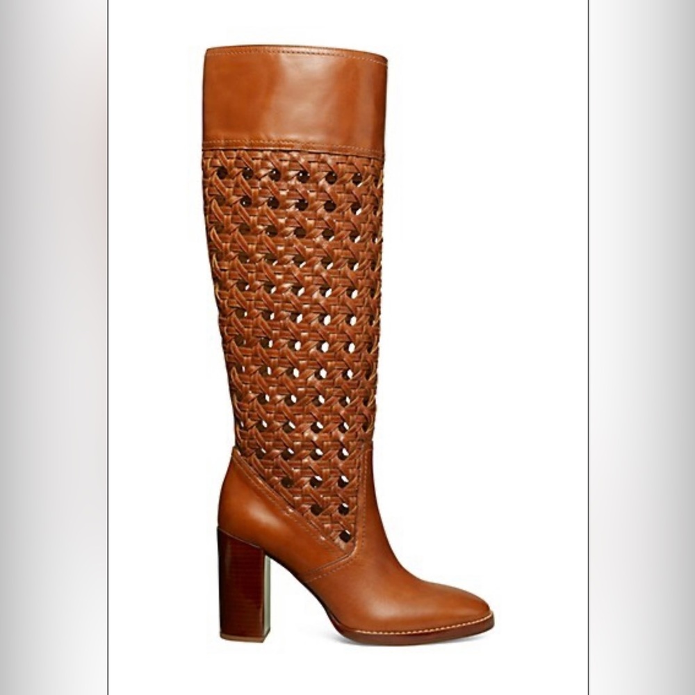 Tory Burch Woven Cognac Leather Knee-High Block Heel Boots